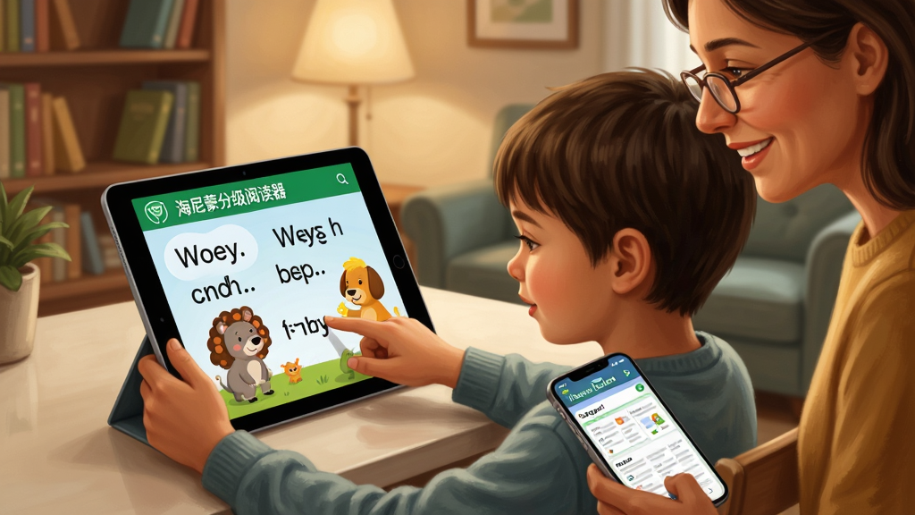 ��������Ϊ�ҳ��뺢�ӹ�ͬʹ�á��������ּ��Ķ�����App�ĳ�����������������ǰ�ֳ�ƽ����ԣ��ҳ���һ��΢Цָ�������岼��Ϊ������������ܺ�̨����Ϊ�������Ű���Ϊдʵ�廭�磬ůɫ����������ܰ��ϸ���ϣ�ƽ����Ļ��ʾ�ּ��Ķ����棬��Ӣ�ĵ��ʺͿ�ͨ���������ָ������ҳ��ֳ��ֻ��鿴ѧϰ���档���ʸ��壬�ɾ��޶���Ԫ�أ��ʺϽ�����Ӧ������ͼ��
