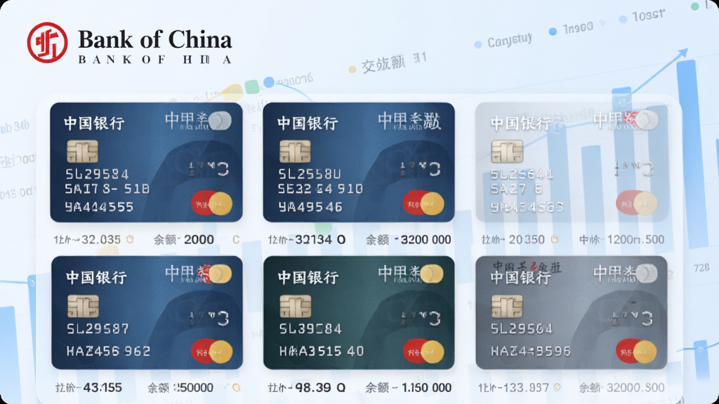 �й�����APP�˻��������ܽ��棬չʾ�������п���Ƭ�б���ÿ�ſ���ʾ���ź���λ����������ˮ������Ϊǳ��ɫ����ͼ�������������ͻ�ԡ�Bank of China��Ʒ�ƺ�ɫ��ʶ������ɾ����޶���Ԫ�أ����ʸ���
