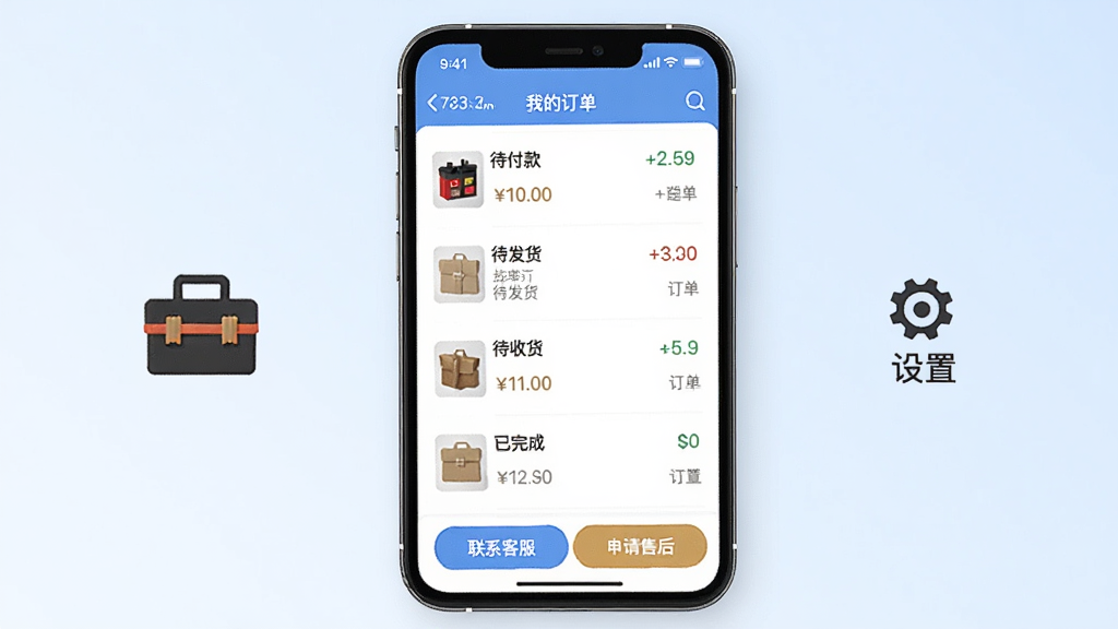 ���廭��Ϊһ���ֻ�չʾ�𰮾�Ʒ�̳�APP�ġ��ҵĶ�����ҳ�棬��Ļ��������ʾ�����б�״̬������������������ջ�������ɣ����·��С���ϵ�ͷ����͡������ۺ󡱰�ť���ֻ�������һ��С�͹�����ͼ�꣬�ұ��С����á�ͼ�ꣻ����Ϊ����ɫ���䣬����������Ű湤����ϸ�ڰ��������������Ʒ����ͼ�����ʸɾ����޶���Ԫ��