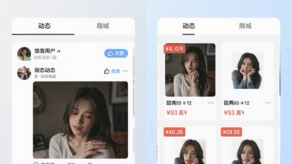 ͼƬ�������𰮾�Ʒ�̳�APP�ġ���̬���롰�̳ǡ�˫��ǩҳ����չʾ�Ľ��湹ͼ�����Ϊͬ���û�������ͼ�Ķ�̬����ͷ��͵��ް�ť���Ҳ�Ϊ��Ʒ��Ƭ�б����۸��ǩ������Ϊǳ��ɫ�뵭��ɫ���䣬�����Ű����ҶԳƣ�������ִ���ͻ��˫���Ĺ��ܣ�ϸ�ڰ�����̬��ͼ����Ʒ����ͼ�����ʸ���ɾ����޶���Ԫ��