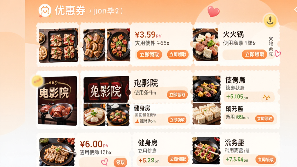 ͼƬ������һ���𰮾�Ʒ�̳�APP�ġ��Ż�ȯ�������ͼ�����б���ʽչʾ��ұ����̼ҵ��Ż�ȯ��Ƭ����������ꡢ��ӰԺ���������ȣ�ÿ��ȯ���С�������ȡ����ť������Ϊǳ��ɫ���ɫ���䣬�Ű�����ͳһ��������»��ã�ϸ��չʾȯ������ʹ�����������ʸɾ����޶���Ԫ��