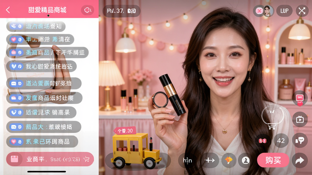����������һ���𰮾�Ʒ�̳�APP��ֱ������棬�·���ʾ��ƷС�Ƴ��빺��ť����������չʾһ����ױ��Ʒ������Ϊ����ȫ��������λ���Ҳ�����֮���������Ϊ��Ļ����������������ܰ�ķ�ɫֱ����װ�Σ����дʵ������ϸ�ڰ���ֱ���ؼ�����Ʒ�۸��ǩ�����������ɾ����޶���Ԫ��
