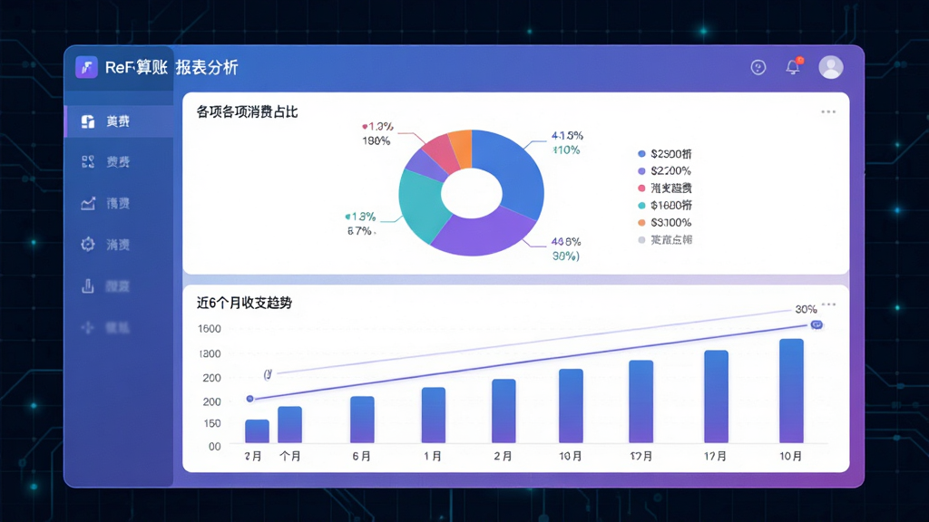 ��������ΪReFi���˵ġ�����������ҳ�棬�Ϸ�Ϊ��״ͼչʾ��������ռ�ȣ��·�Ϊ��״ͼչʾ��6������֧���ƣ�����UI������ɫ����Ϊ��������Ϊ��ɫ�Ƽ������񣬹�ͼ���У�ͼ�����ݱ�ע���������רҵ����ϸ�ڰ����ٷֱȱ�ǩ�������ߣ����ʸ��壬�ɾ��޶���Ԫ��