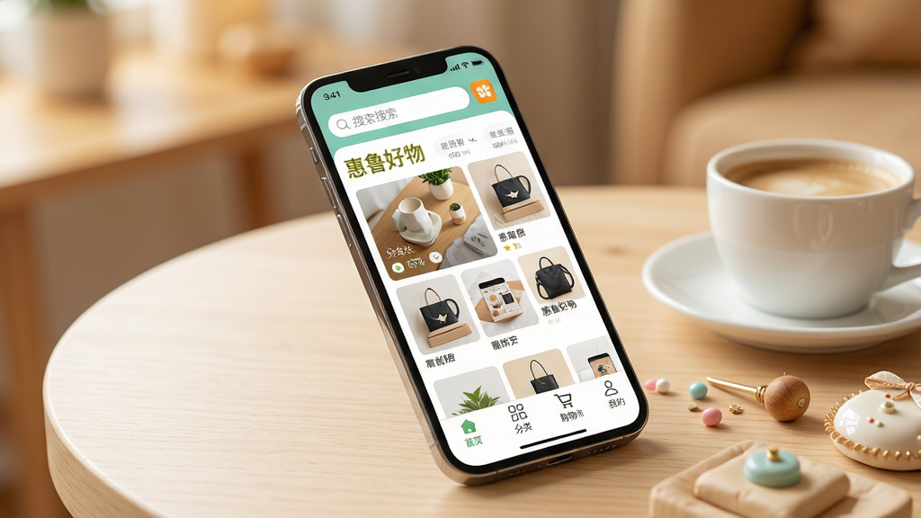 ��������Ϊһ�������ֻ���Ļռ���Ӿ����ģ���Ļ������չʾ����³���APP����ҳ���棬�����������������в���Ʒ�ٲ���ͼƬ���ײ�����������ҳ�����ࡢ���ﳵ���ҵ��ĸ�ͼ�ꡣ�ֻ�б����ǳɫľ�������ϣ��Ա���һ�����Ⱥͼ�������С��Ʒ������Ϊ��͵�ůɫ�����ڻ��������ֲ������Ĺ�ͼ���ֻ���Ļ���������ɼ������֡���³�����Ʒ��ɫͻ����ʾ��������Ϊ��������У�����ͨ͸��ϸ�ڷḻ�����ʸɾ����޶���Ԫ�ء�