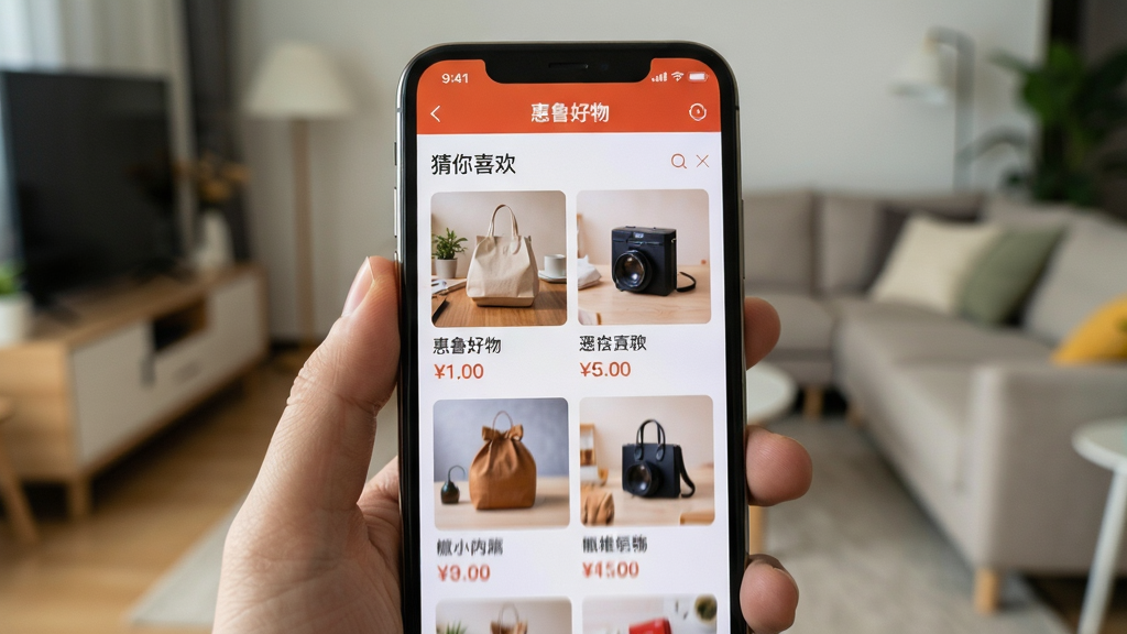 ��������Ϊ�ֻ���Ļ��д����Ļչʾ����³���APP�ġ�����ϲ�����Ƽ���Ϣ�������������Ʒ��Ƭ����Ƭ������Ʒͼ��������۸��ֻ����������У�����Ϊģ�����ִ��Ҿӿ������������ֲ����ֳ��ӽǣ����»���Ч��ͨ����΢��̬ģ�����֡����Ϊ���ץ�ĸУ�ɫ����ů��Ȼ����Ļ�������������֡���³��������ڶ���״̬����ϸ�ڷḻ�����ʸɾ����޶���Ԫ�ء�