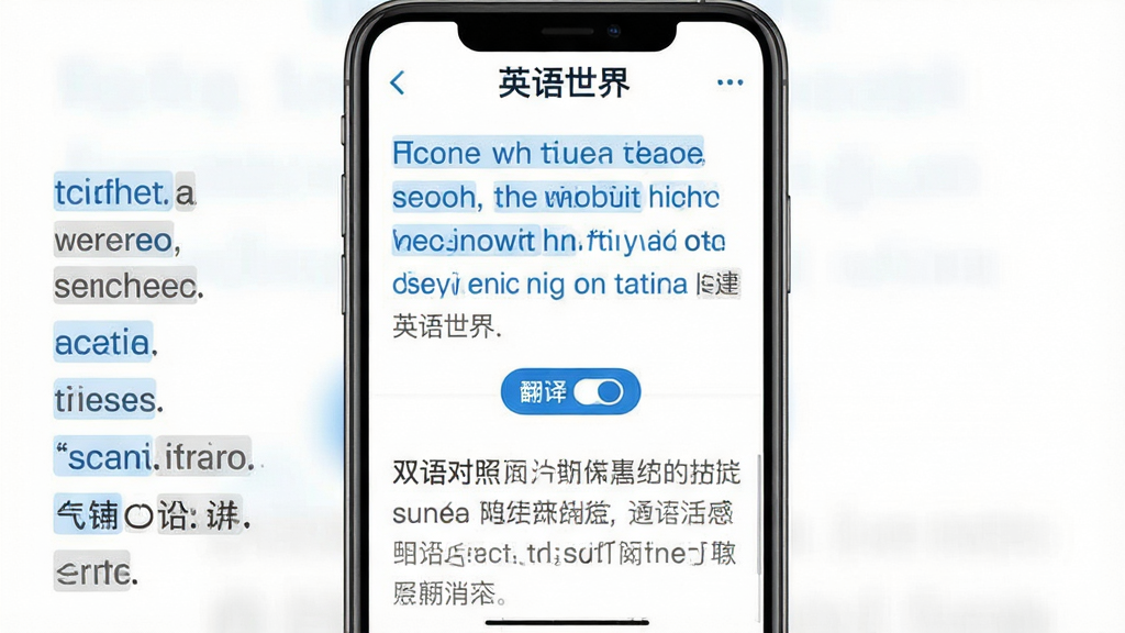 ���壺Ӣ������App��˫������Ķ����棬�ϰ벿��Ӣ�ģ��°벿�����ģ�����и������ʣ����֣��ֻ����������ҷ��������·���������չʾ˫�����ݣ��Ű棺���������Ӣ������ɫ���壬�����û�ɫ���壻���ѧϰ���߷�񣬽�����ˬ��ϸ�ڣ���Ļ�Ϸ���ʾ��Ӣ�����硱logo���м��з����л���ť�����ʣ��߷ֱ��ʣ��ɾ����޶���Ԫ��