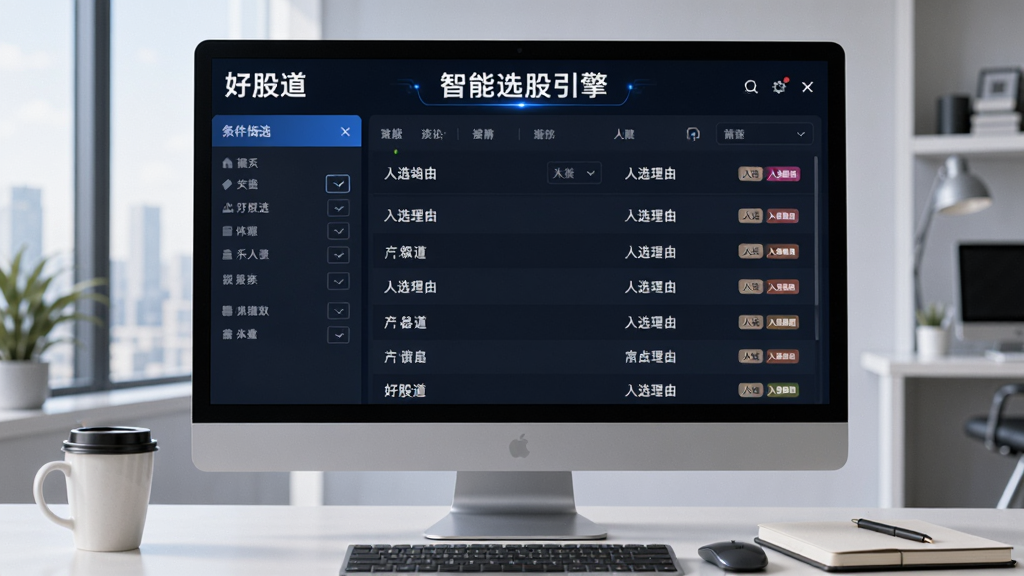 画面主体为电脑显示器,屏幕显示“好股道”智能选股结果页面,左侧是条件筛选面板,右侧是股票列表,每只股票旁有“入选理由”小标签,顶部有“智能选股引擎”字样。显示器旁放有咖啡杯与笔记本,整体为现代办公桌场景,布局清爽,科技感强,画质干净,无多余元素。