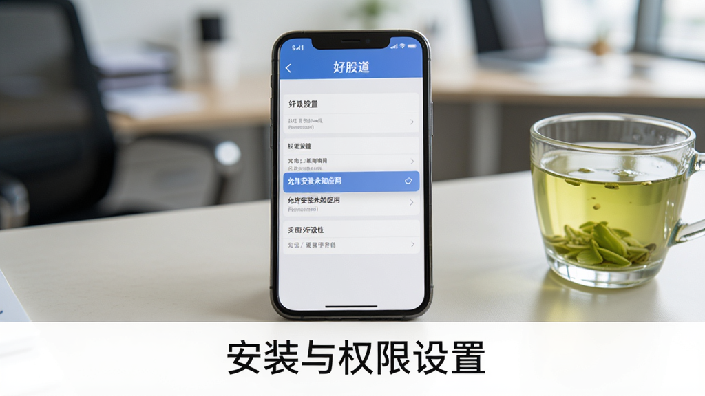 画面主体为一部智能手机,屏幕显示“好股道”的设置页面,其中“允许安装未知应用”选项高亮,手机下方有文字“安装与权限设置”。手机放置在浅色桌面上,旁边有一杯绿茶,背景为办公环境,风格真实,细节丰富,画质干净,无多余元素。