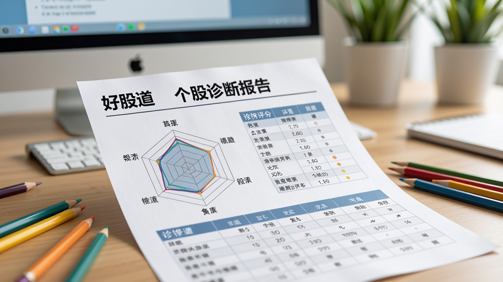 画面主体为一份打印的“好股道”个股诊断报告,纸张上印有雷达图与评分表,标题为“个股诊断报告”,旁边散落几只彩色铅笔。报告放置在木质书桌上,背景有模糊的显示器与绿植,整体风格写实,细节丰富,画质干净,无多余元素。