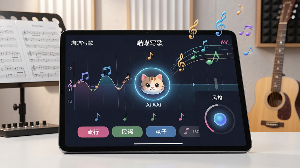 ���壺һ̨ƽ�����չʾ������д�衱��AI�������棬��Ļ���������ߡ����ұ�Ǻͷ��ѡ�����̣����֣�ƽ����б���ã�������¼���ﻷ������������׼ܣ��Ҳ��м������Ű棺��������Ϊ������д�������ͺ��ҷ��Ŵ���Ļ��Ʈ�������дʵ��Ƽ��н�ϣ�����������ͣ�ϸ�ڣ�������ʾ�����С�������ҥ���������ӡ��ȷ��ť��������è��ͷ���AI�������ڷ��⣻���ʣ��߷ֱ��ʣ��ɾ����޶���Ԫ�ء�