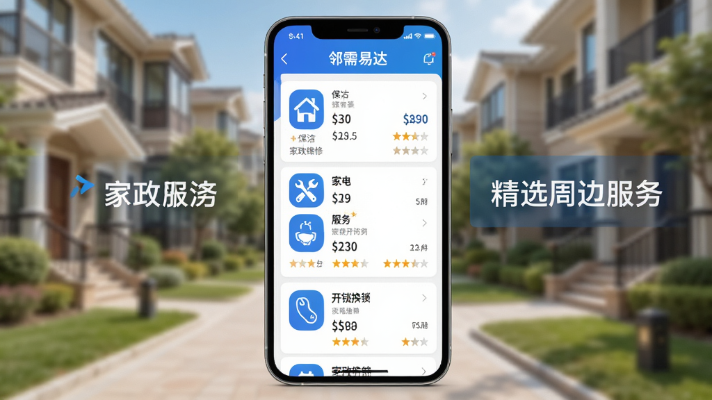 չʾ�������״APP�ķ�����ѡ�б����棬�ֻ���Ļ���У��б�������չʾ�������ࡢ�ҵ�ά�ޡ����������ȷ���ͼ����۸�������Ϣ������Ϊ�黯������������ͻ������ѡ�ܱ߷�����������������������ɫ��ɫ�����Ű����룬�߻��ʣ�ϸ�ڷḻ���޶���Ԫ�ء�