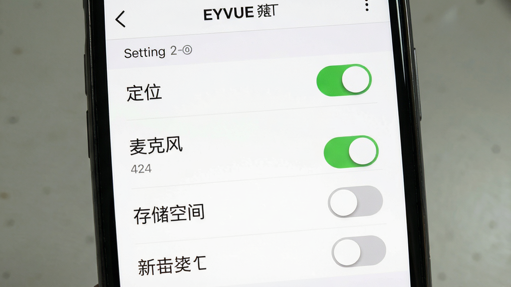 ���壺�ֻ���ĻչʾEYEVUE����ҳ�棬����Ȩ�޹����б������֣��ֻ�λ�ڻ������룬��Ļ���ݷŴ���ʾ���Ű棺�������С���λ��������˷硱�����洢�ռ䡱�ȿ��ء���񣺱�ƽ��UI��񣬰׵׺��֡�ϸ�ڣ�ÿ������ͼ����ɫ��ͬ����ɫ��ʾ�ѿ�������ɫ��ʾ�رա����ʣ��������޶���Ԫ�ء�