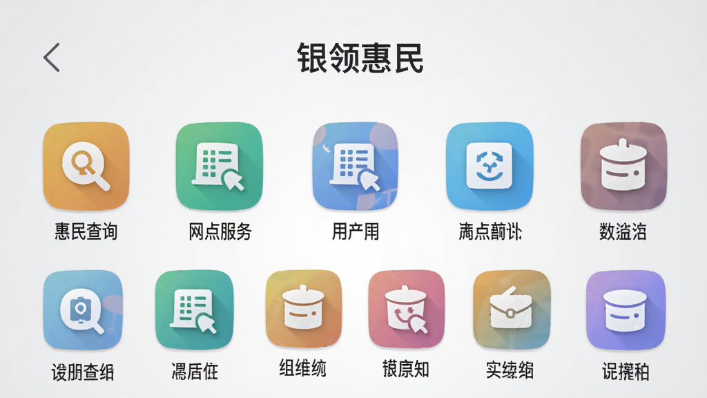 ͼƬ����Ϊ���������APP����ģ��չʾҳ�������Թ�����ʽ���ж����ɫԲ��ͼ�꣬ÿ��ͼ���·��������ı�ǩ���硰�����ѯ����������񡱣�����Ϊǳ��ɫ���䣬���沼�����룬�Ű�����������ƽ����ϸ�ھ��£����ʸɾ����޶���Ԫ�ء�