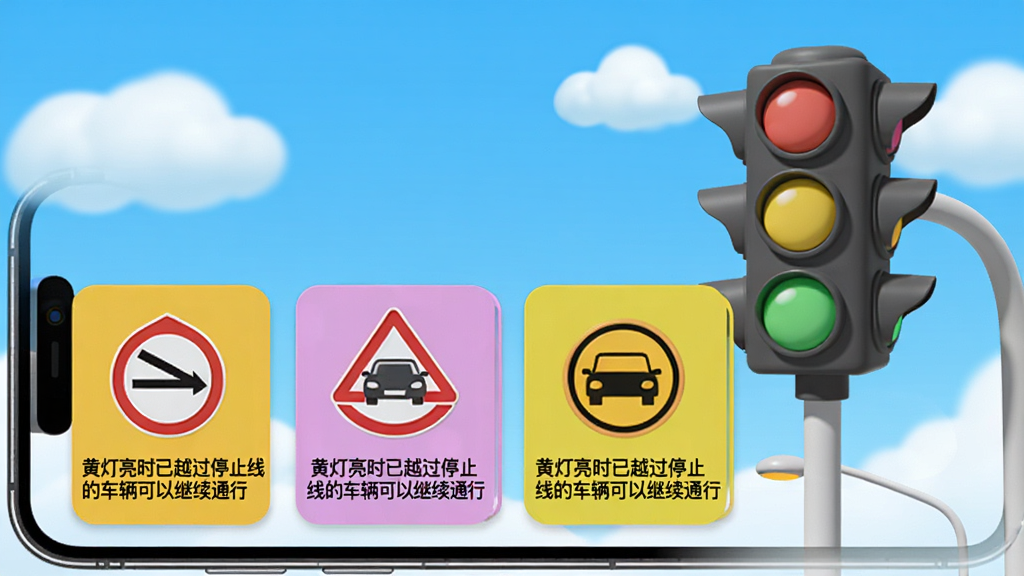 �����⽻��App�Ŀ����ټ�ҳ�棬�ֻ���Ļ����ʾ�Ų�ɫ֪ʶ��Ƭ����Ƭ���н�ͨ��־��ͼ�͡��Ƶ���ʱ��Խ��ֹͣ�ߵĳ������Լ���ͨ�С��ھ����֣�������������������彻ͨ�źŵƣ�������ͨ���������������������޶���Ԫ��