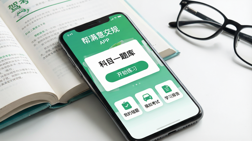 һ�������ֻ���Ļ��д����Ļ��ʾ�����⽻��App�������棬���涥���С������⽻�桱APP���ƣ��м�����ˬ����ɫ�������ɫ���⿨Ƭ����Ƭ��д�š���Ŀһ��⡱�͡���ʼ��ϰ����ť���·��С��ҵĴ��⡱��ģ�⿼�ԡ���ѧϰ���桱��������ͼ�꣬�ֻ��Ա߷���һ���򿪵ļݿ��̲ĺ�һ���۾�������������������������ִ������ʸ��壬�ɾ��޶���Ԫ��