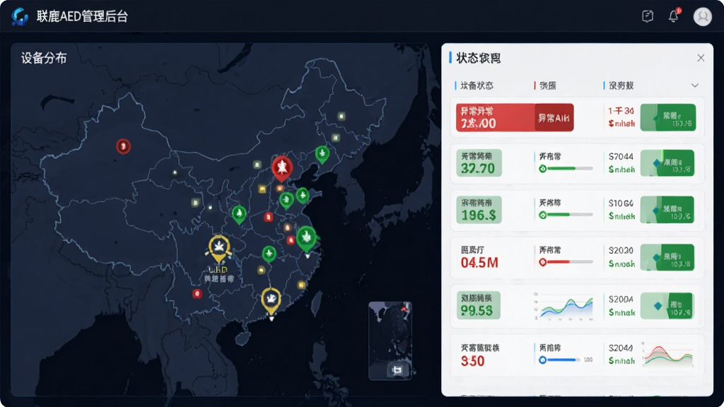 ��¹AED������̨���棬��ʾ�豸�ֲ���ͼ��״̬�б�����ɫ����쳣�豸����ɫ�������������������ݿ��ӻ�ͼ�����Ƽ��У��߻��ʣ��ɾ��޶���Ԫ�ء�