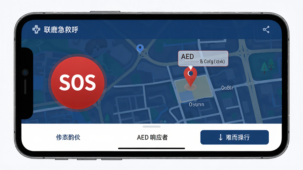 ��¹���Ⱥ��Ƚ��棬չʾ���ɫSOS��ť����ͼ��λ��ʾ����AED����Ӧ�ߣ�������ָ�����߻��ʣ��������޶���Ԫ�ء�