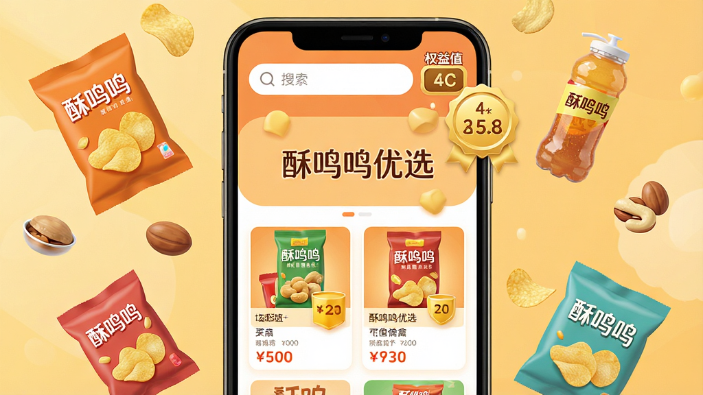 ���壺һ��ʱ�м�Լ�Ĺ���APP���棬����չʾ����������ѡ��LOGO����ʳ��Ʒ�ϼ������֣��ֻ���Ļ���У���ΧƯ������Ƭ����������ϵ���ƷԪ�أ��������������͡�Ȩ��ֵ��ͼ�ꡣ�Ű棺��Ʒ��Ƭ�������У��۸��ǩ��Ŀ�������η�������񣺱�ƽ�����΢���ɫ�����죬ůɫ�����������й������øС�ϸ�ڣ���Ʒ��װ��ӡ�С���������ѡ��������Ȩ��ֵ�����Խ�ɫ������ʽ���֡����ʣ�4K���壬�ɾ��޶���Ԫ�ء�