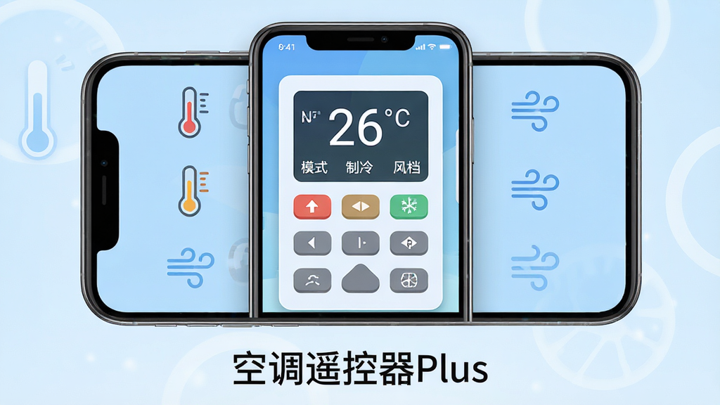 ���壺�յ�ң����Plus��������չʾ��һ�������ֻ���Ļ������ʾ����յ�ң����壬��Χ���¶����������ͼ�ꣻ���֣��ֻ����У�����Ϊ����ɫ���䣬�·��С��յ�ң����Plus���������Ű棺�������������ܼ��������룻��񣺱�ƽ���ִ���ƣ�ɫ�����£�ϸ�ڣ���Ļ����ʾ��ǰ�¶�26�棬ģʽΪ���䣬�����е������ʣ����壬�ɾ����޶���Ԫ��