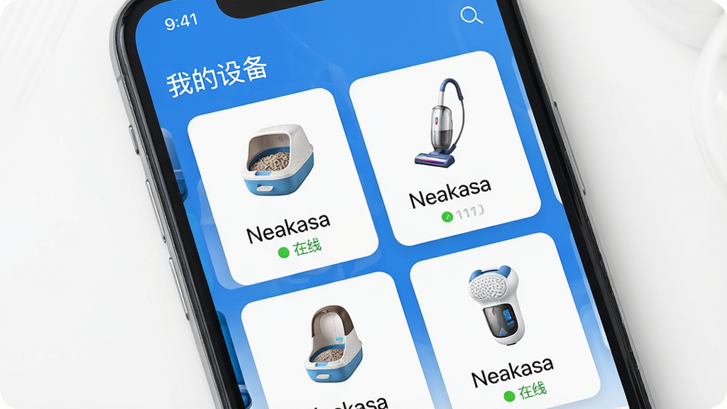 һ�Ÿ����ӽǵ������ֻ���ͼԤ��ͼ����Ļ��չʾNeakasa App���豸�б����棬������ʾ���ҵ��豸���������·��Կ�Ƭ��ʽ����������Neakasaèɰ�衢Neakasa��������Neakasa��ë����ͼ��������״̬���������������ɫ������������ͼ�꾫�������ʸɾ��޶���Ԫ�ء�