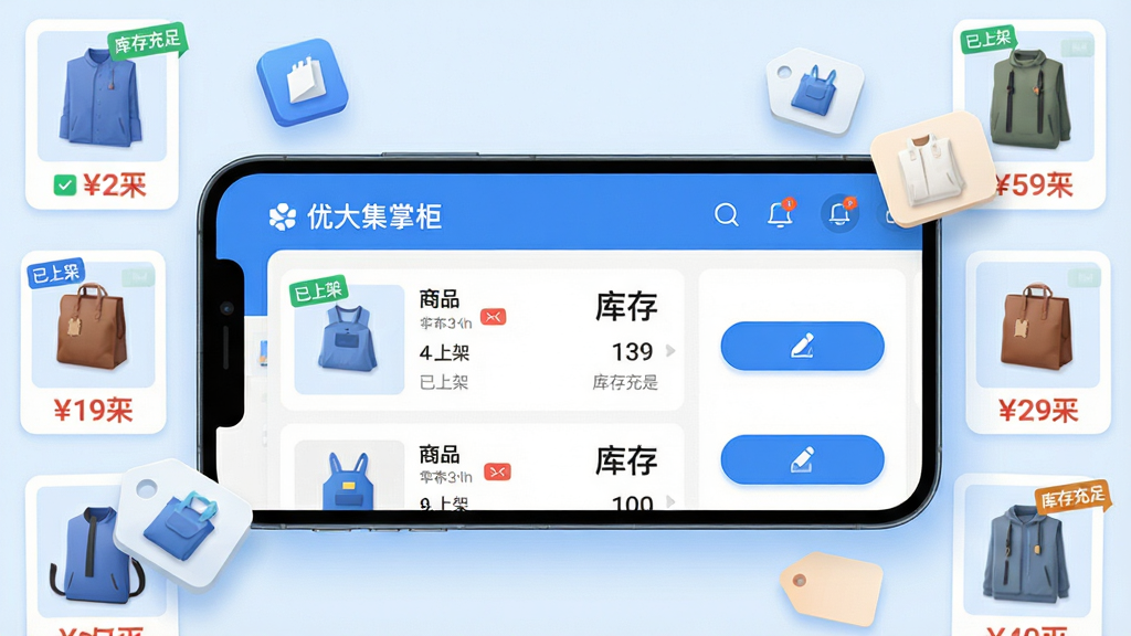 ���壺�����ֻ���Ļ��д����ʾ���Ŵ��ƹ񡱵ĵ��̹���ҳ�棬������Ʒ�б���������֡��༭��ť�����֣��ֻ�����չʾ����Χ������Ʒ����ͼ�ͼ۸��ǩͼ�Ρ��Ű棺�ֻ����У���������ͼ���׺����񣺱�ƽ�廭�������дʵ��ɫ�����죬������ɫ����ϸ�ڣ���Ʒͼ�ϱ�ע�����ϼܡ����������㡱С�꣬���水ť�����ɼ������ʣ����壬�ɾ����޶���Ԫ�ء�
