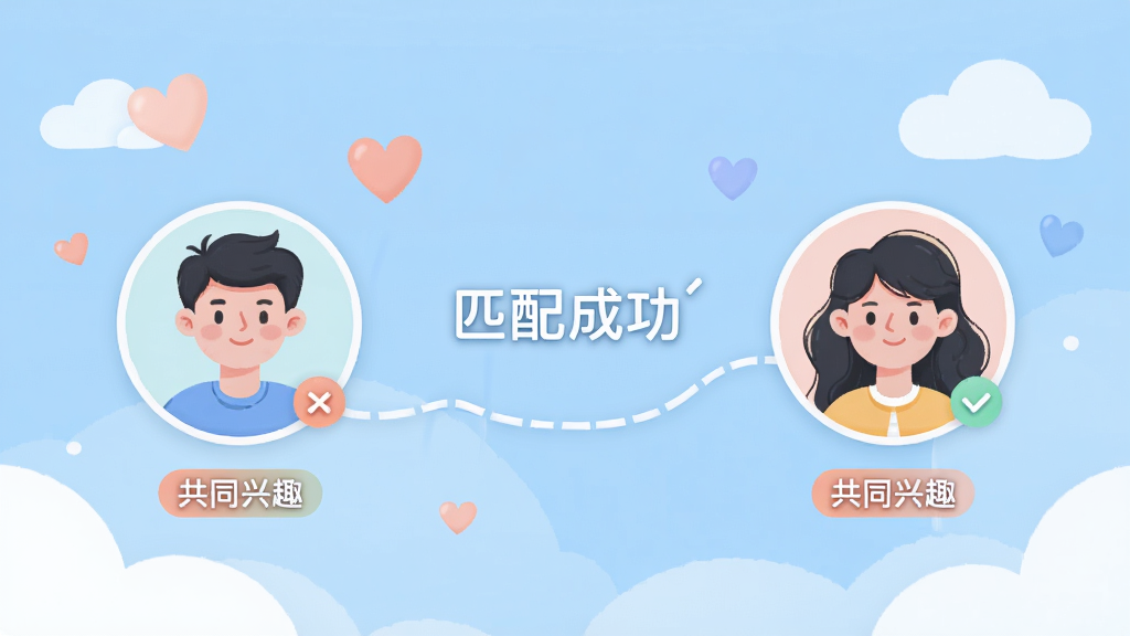 ���壺�ư�APP˫��ƥ��ɹ����棬��λ�û�ͷ��ͨ���������ӡ����֣����ҶԳƣ��м��С�ƥ��ɹ����������Ű棺���󷽣�ͷ��Բ�󡣷�����²廭�磬��ɫ��͡�ϸ�ڣ�ͷ�����й�ͬ��Ȥ��ǩ�������а������ƶ�Ԫ�ء����ʣ�����ʸ��ͼ���ɾ����޶���Ԫ�ء�