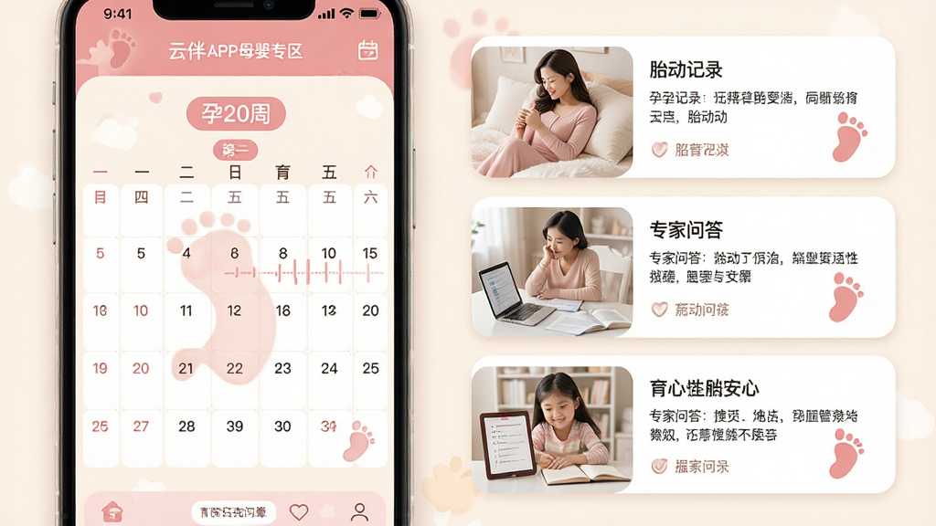 ���壺�ư�APPĸӤר��ҳ�棬չʾ���ڼ�¼������֪ʶ��Ƭ�����֣���Ƭʽ���У�����������������Ҳ����������¡��Ű棺��Ϣ��η�����ͼ�Ĳ�ï�������ů����ϵ����ɫ����ɫΪ����ϸ�ڣ���ʾ����20�ܡ�����̥����¼������ר���ʴ𡱵��������б�����ӡװ�Ρ����ʣ�������Ⱦ���ɾ����޶���Ԫ�ء�
