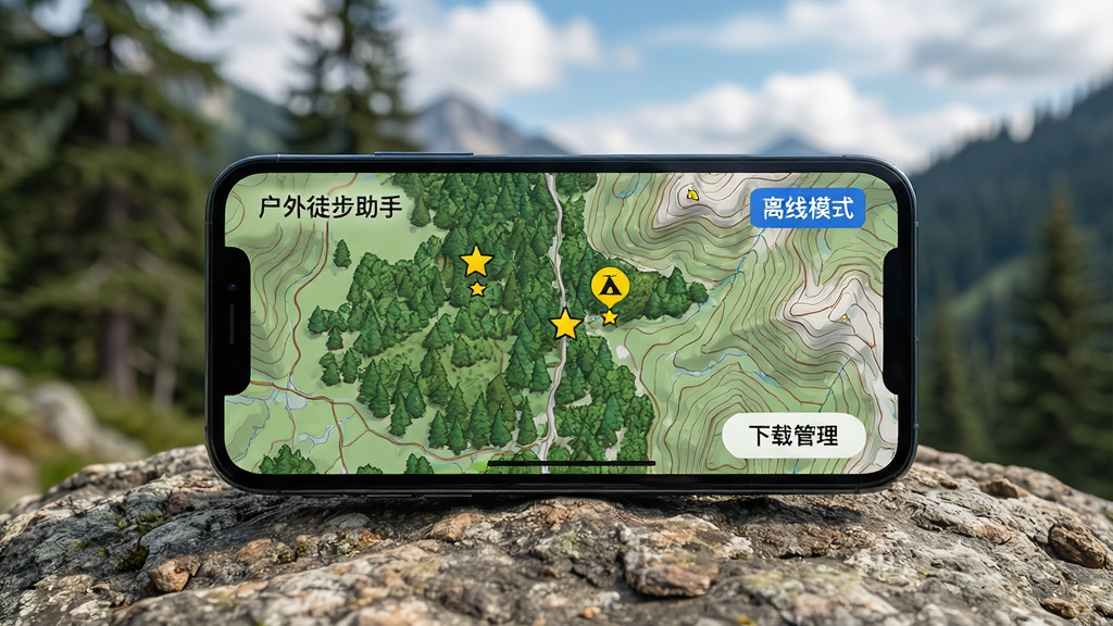���壺�����ֻ�ƽ������ʯ�ϣ���Ļ��ʾ������ͽ�����֡����ߵ�ͼ���棬��ɫɭ������ɫ�ȸ������������֣��ֻ�λ�ڻ������룬��Χ����ʵ����ɽ����������ģ������ľ����ա��Ű棺��Ļ��ͼռ�������Ͻ���ʾ������ģʽ����ɫ��ʶ���·��С����ع�������ť�����дʵ��Ӱ�������ĻUI��ϣ�������Ȼ��ϸ�ڣ���ͼ���л�ɫ���Ǳ�ǵ�¶Ӫ�㣬�����ࡣ���ʣ�����ϸ�ڣ��ɾ����޶���Ԫ�ء�