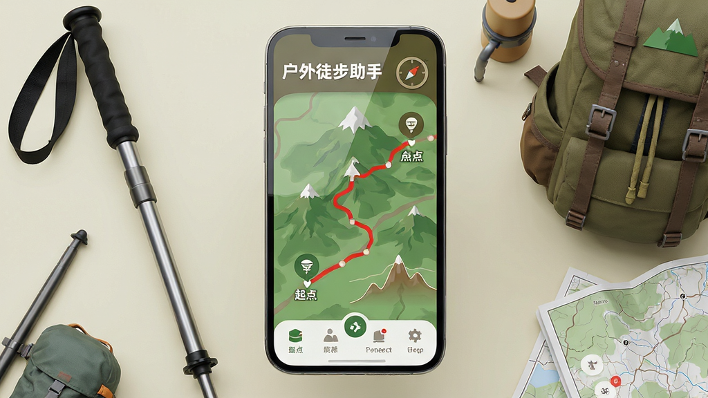 ���壺�ֻ���Ļչʾ����ͽ������APP�����棬������ʾ��ɫɽҰ��ͼ���ɫͽ���켣�ߣ������С�����ͽ�����֡�������ָ����ͼ�꣬�ײ����������������֣��ֻ����У���Ļ���ݳ�ǰ����Χ���Ƶ�ɽ�ȡ���������ͼ�Ȼ���װ�����Ű棺UI������ÿ�Ƭʽ���֣�ͼ���������룬ɫ���Դ��ɫϵΪ������ɫ��׺�����дʵ3D��Ⱦ��ϱ�ƽUI������ɾ�������ϸ�ڣ���ͼ�ϱ�ע��㡢�յ㡢��̱��뺣�����ߣ��ֻ���Ļ������Ȼ�����ʣ�8K���壬�ɾ����޶���Ԫ�ء�