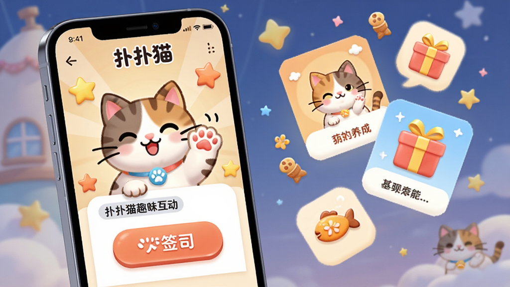 ���壺�ֻ���Ļչʾ������è����Ȥζ�������棬����èצǩ����ť���ȳ�����ҳ�棻���֣��ֻ�λ�ڻ�����࣬�Ҳ������Ŷ�̬��Ƭ������ͼ�ꣻ�Ű棺����ģ�������ɫ�����ޣ���񣺿�ͨ�廭���ϸ�ڣ�è���ɫ�������ֶ��������������Ǻ����װ�Σ����ʣ�ϸ����ͣ��ɾ��޶���Ԫ�ء�