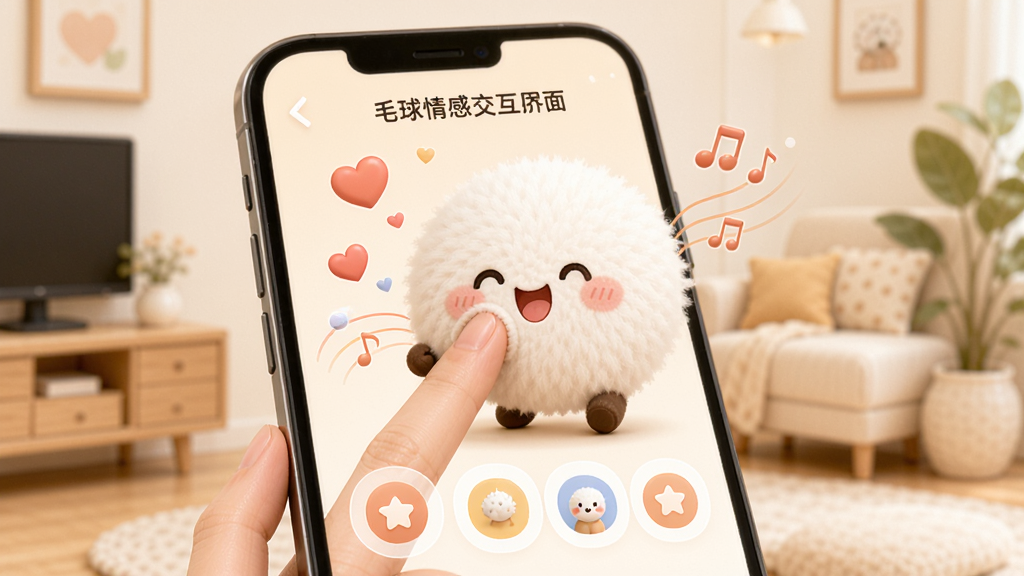 主题为“毛球在家”的智能情感交互界面,手机屏幕上显示一只毛球正开心地蹭着手指,屏幕周围有爱心和音符飘动,背景是简洁的家居环境。界面设计清爽,图标圆润,色彩温暖,画质高清,构图干净。