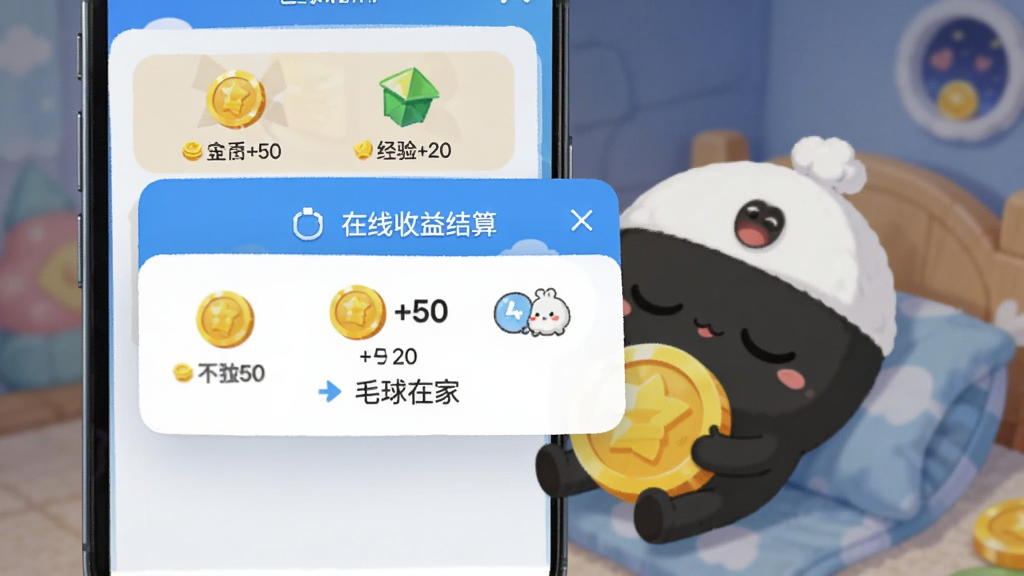 手机界面显示“毛球在家”的离线收益结算弹窗,毛球在背景中抱着金币睡觉,屏幕上显示金币+50、经验+20的图标。界面设计清晰,主次分明,色彩明快,画质干净。