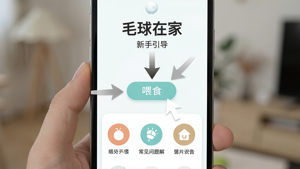 手机竖屏显示“毛球在家”的新手引导界面,页面上有清晰的箭头指示点击喂食按钮,下方列出几个常见问题解答图标。界面设计简洁,信息层级分明,色彩清新,画质干净无杂质。