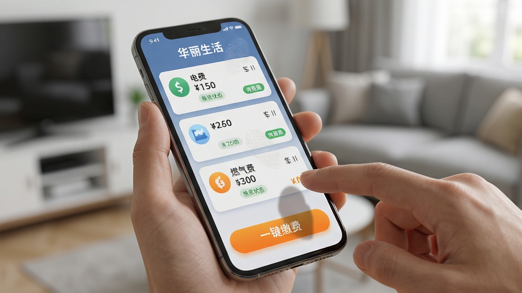 ���壺��������APP������ɷѹ��ܽ��棬��ʾ��ѡ�ˮ�ѡ�ȼ���ѵȿ�Ƭ�����֣�һ���ֻ��������У���Ļ���ϣ�����չʾ�ɷ���Ŀ�б���֧����ť����һֻ�ֵ����Ļ���Ű棺�����б�������ÿ��ɷѿ�Ƭ��ͼ�ꡢ���ͽɷ�״̬��ǩ���ײ�����Ŀ�ġ�һ���ɷѡ���ɫ��ť�����дʵ��3D��Ⱦ��ϣ�������ͣ�ͻ���ֻ���Ļ���ݡ�ϸ�ڣ��ɷѿ�ƬͶӰ��Ȼ����Ļ������ϸ���ָ�ƺۼ�������Ϊ���Ŀ��������黯Ч�������ʣ��߷ֱ��ʣ�ɫ����ʵ���ɾ����޶���Ԫ�ء�