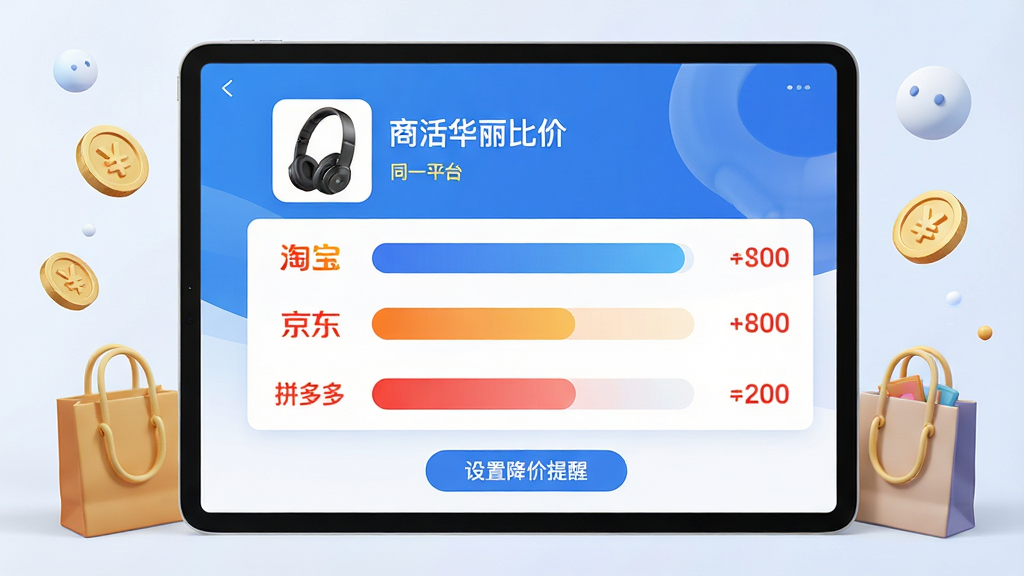 ���壺��������APP����Ʒ�ȼ۽��棬��ʾͬһ������ڲ�ͬƽ̨�ļ۸�Ա�����ͼ�����֣�ƽ����Ժ�ţ���Ļռ�ݻ������룬��������װ���н�Һ͹������3DСԪ�ء��Ű棺���涥��Ϊ��Ʒͼ����⣬�в�Ϊ��ƽ̨�۸��б����Ա���������ƴ��ࣩ���ײ�Ϊ�����ý������ѡ���ť�������������磬������ɫ�������ݿ��ӻ�������ԡ�ϸ�ڣ��۸������ú�ɫͻ��������ͼ���н���Ч��������������׶������ʣ�������Ⱦ����Ӱ��Ȼ���ɾ����޶���Ԫ�ء�