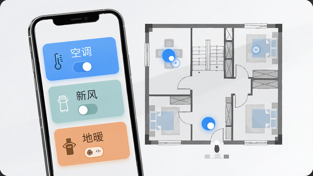 չʾ���豸�������ƽ��棬�ֻ���Ļ�Ϸֱ���ʾ�յ����·硢��ů�Ŀ���״̬��Ƭ������Ϊ�������ڻ���ͼ���ɵ����ͬ������п��ƣ��������ۣ�ͼ������������ɫ��ǳ�Ҵ�����ɫ���ɾ����࣬�߻��ʡ�