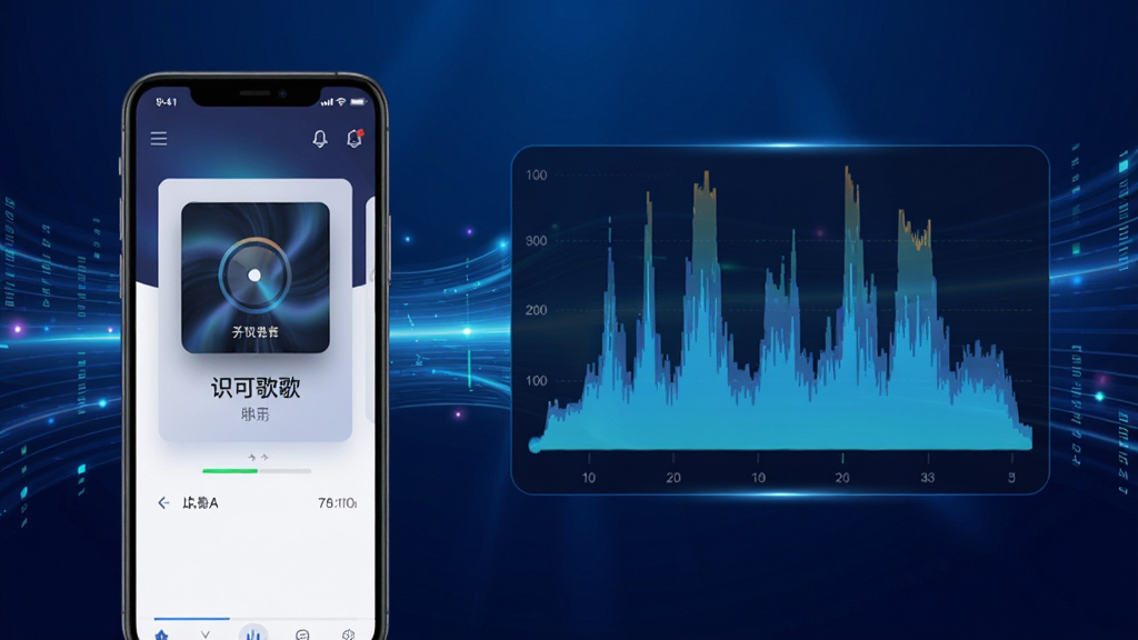 识可软件听歌识曲功能预览图,画面左侧为手机界面,右侧为放大的音频频谱图,界面显示歌曲识别成功的状态,卡片上写着歌名与歌手,背景为科技感十足的深蓝色渐变,配以流动的光束和数据线条,整体风格现代炫酷,画质清晰,构图干净无多余元素