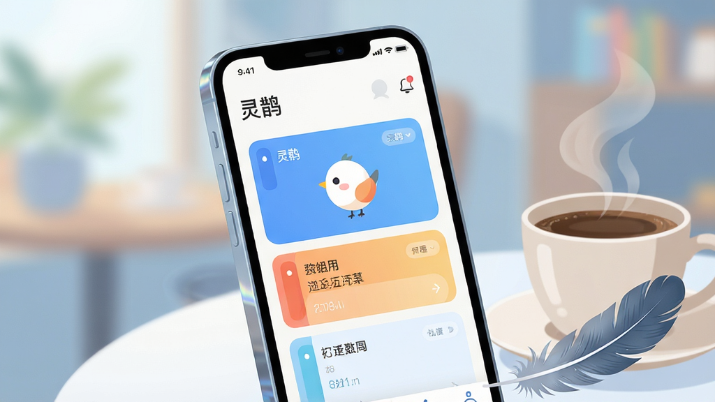 ���壺һ�������������ֻ�����Ļ��������ʾ����ȵ��APP�������棬�������в�ɫ��Ƭʽ�ճ��б���һֻ�ɰ���С��ͼ�꣬�ֻ��Ա���һ�����Ⱥ�һƬ��ë�����֣�������У��ֻ���΢��б�������黯��ͻ����Ļ���ݡ��Ű棺���ɾ�����Ļ����ʾ�����������ȵ�������ͼ�������������Ŀ������ִ���ƽ�廭�磬ɫ��������ͣ�������Ϊ��ɫ����ϸ�ڣ���Ļ�����Ե����΢���⣬��ë�ʸ���ʵ�����ȱ�ð�����������ʣ����壬�ɾ����޶���Ԫ�ء�