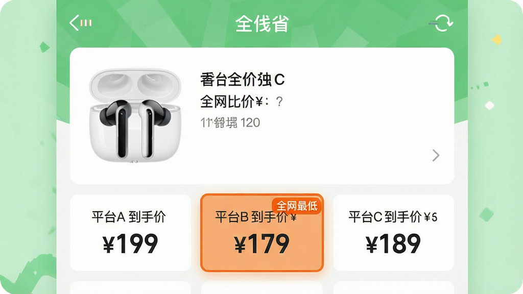 ��������Ϊ��ʡApp�ġ�ȫ���ȼۡ����ܽ��棬��Ļ����չʾһ�����߶�������Ʒ���飬�·����������š�ƽ̨A���ּ�199����ƽ̨B���ּ�179����ƽ̨C���ּ�189�������Աȿ�Ƭ������ƽ̨B�Ŀ�Ƭ�ó�ɫ�����߿�ͻ����ʾ������ע��ȫ����͡�����������Ϊǳ��ɫ��Ӫ���ʡǮ���õķ�Χ��UI��Ƽ��ֱ�ۣ���ƽ������������������ʸ���ɾ����޶���Ԫ�ء�