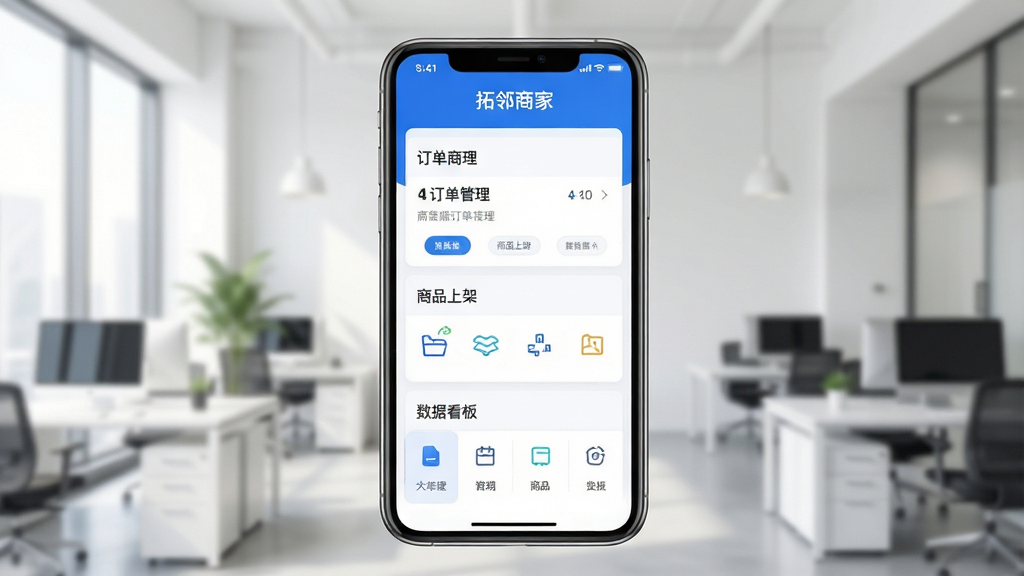 图片居中展示拓邻商家主界面,手机屏幕中清晰显示订单管理、商品上架、数据看板等核心功能模块,背景为简洁明亮的现代办公环境,界面风格清爽专业,色彩以蓝白为主,文字标识“拓邻商家”位于屏幕上方,整体布局干净无多余元素,画质高清。