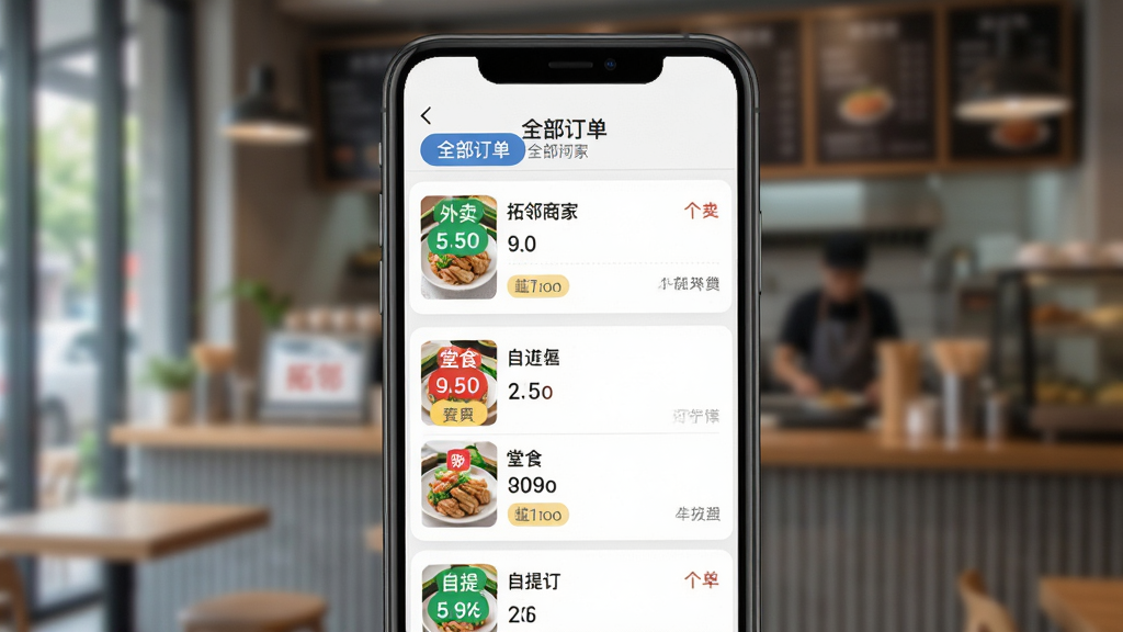 手机界面展示聚合订单列表,包含外卖、堂食、自提等不同来源的订单卡片,订单状态标签颜色鲜明,顶部有“全部订单”筛选栏,背景为模糊的店内经营场景,布局清晰,风格写实,文字标有“拓邻商家”,画质干净整洁。
