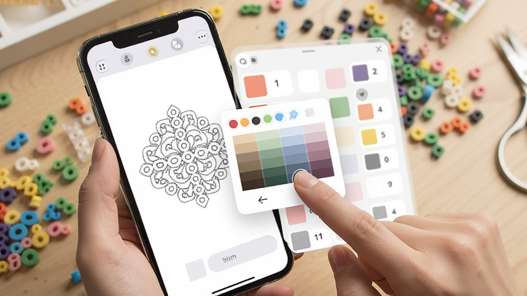 ƴ����Ѷ���APP����ɫ�༭���棬��Ļ�����ͼ���߸壬�Ҳ�����ɫ�б���ÿ����ɫ��ɫ��ͱ�ţ��û���������ָ���ѡ����ɫ����Ļ�ϳ��ֵ�ɫ�帡�����ڣ�������ɫ��ͣ�����ָ���������ֻ��ճ������У�����Ϊ����̨������ɢ���Ų�ɫƴ�������������������޶���Ԫ��