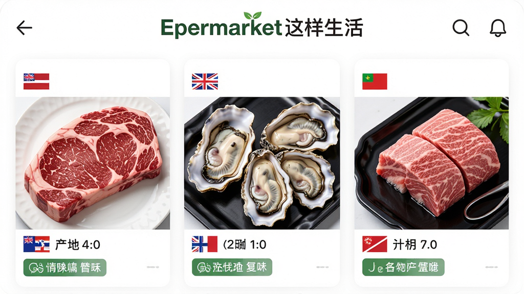 ����Ϊ��Epermarket�������APP��������ܽ��棬չʾ���Բ�ͬ���ҵĴ�����ʳ�ģ������ţ�š�������򺡢�ձ���ţ�ȡ����ֲ��ú������У�ÿ��ʳ���Ա߱�ע����Ͳ��ر�ǩ���Ű���Ƽ���������Ϣ�㼶���������Ϊ�ִ�����ƽ̨��񣬱���Ϊ����ɫ��ͻ����Ʒ������ϸ������Ҫ����ʳ�ĵ������͹��󣬲��ڽ��涥����Ŀλ�÷��á�Epermarket�������logo������Ҫ�󳬸߷ֱ��ʣ�����ɾ������ʡ�