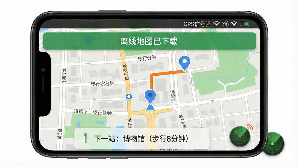 ���壺�ֻ���Ļ��ʾ�����ι���·��ר�ҡ������ߵ�ͼģʽ����ͼ������ɫ��λ��ͳ�ɫ����·�������֣��ֻ��ڻ������룬��Ļ�Ϸ���ʾ�����ߵ�ͼ�����ء�����ɫ������Ű棺��ͼ�·��а�͸����·�߿�Ƭ���г�����һվ������ݣ�����8���ӣ��������дʵ���ƽ��ϣ���ͼϸ�ڷḻ����·����������ϸ�ڣ��������½���һ��С�״�ͼ���ʾ��λ�У�����״̬����ʾ��GPS�ź�ǿ�������ʣ������������޶���Ԫ�ء�