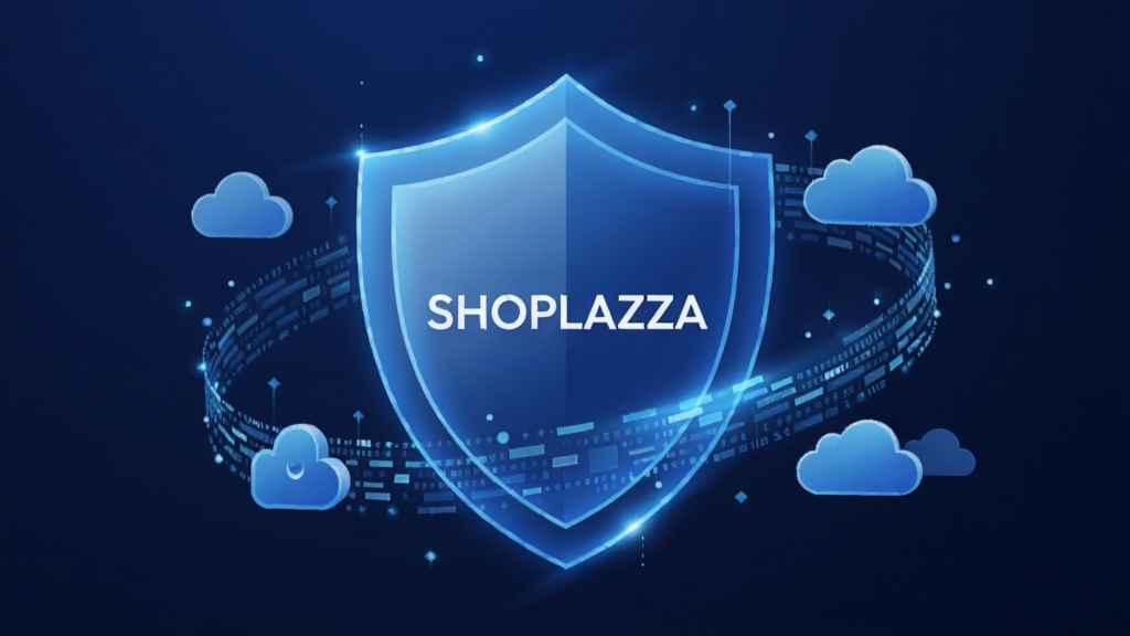 һ������SHOPLAZZA��ȫ�ȶ����Եĸ���ͼ������Ϊһ���������ɫ����ͼ�꣬���������С�SHOPLAZZA����ĸLogo����Χ���������������ƶ�Ԫ�أ�����Ϊ����ɫ�Ƽ��н��䣬����ͻ����ȫ�����θУ����������ִ���ϸ�ڷḻ�����ʸ��壬�ɾ��޶���Ԫ��