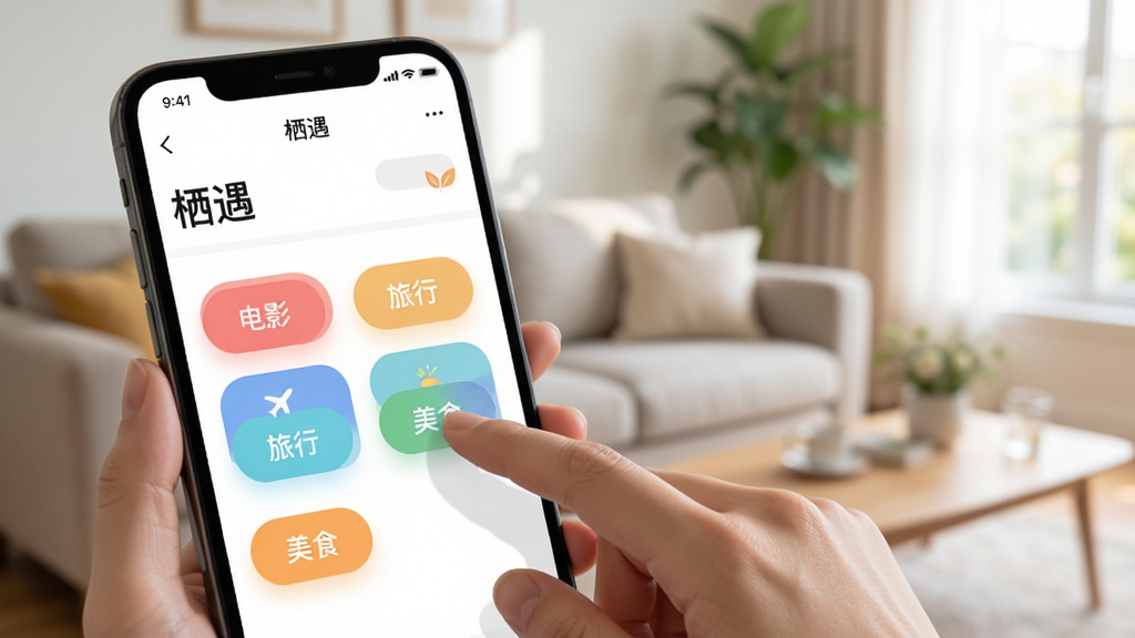 չʾ��������APP����Ȥ��ǩѡ����棬�û����ڵ����Ļ�ϵġ���Ӱ���������С�������ʳ���Ȳ�ɫ��ǩ���ֻ����沼���������������黯�Ŀ�������������������Ȼ��ͻ�����Ի�ƥ�书�ܣ�����ϸ��ɾ����޶���Ԫ��