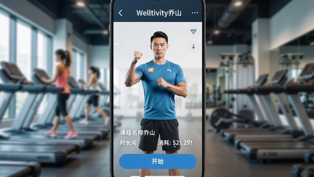 һ��Welltivity��ɽӦ����ѵ���γ̵Ľ����ͼ����Ļ����չʾһλ��������ʾ���������·��г��γ����ơ�ʱ��������Ԥ��������Ϊ��̬ģ���Ľ��������������������������п�ʼ��ť�����ʸɾ������ֱ�ע��Welltivity��ɽ���γ�����