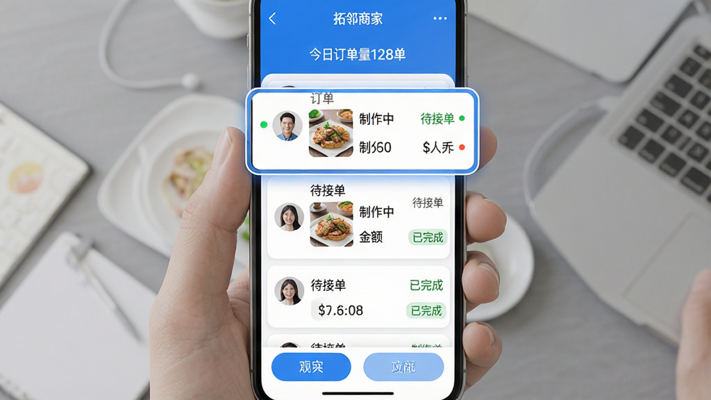 ���壺�������̼ҡ�APP�Ķ����������棬չʾ�����б���ÿ�����������˿�ͷ����Ʒ����ͼ���������״̬��ǩ�С����ӵ������������С���������ɡ������֣��ֻ�����չʾ���б�����������Ϊͳ������ʾ�����ն�����128�������ײ�Ϊ���ܰ�ť���Ű棺��Ϣ�ܶȸߵ����򣬶�����Ƭ����Բ�Ǿ��Σ��ָ���ϸ�塣��������࣬������ɫΪ����ϸ�ڣ�����״̬�ò�ͬ��ɫԲ���ʶ����Ҫ�����ö��������߿򡣻��ʣ���ʵ����Ⱦ���ɾ����޶���Ԫ�ء�