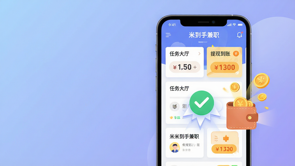 ���壺һ��������Ļ�������ֻ�����Ļ��������ʾ���׵��ּ�ְ��APP���棬������չʾ�����б��ͽ��ͼ�ꡣ���֣��ֻ�λ�ڻ�������ƫ�ң�������ף�����Ϊ��͵�����ɫ���䡣�Ű棺�ֻ���Ļ����Ϣ��Ƭ�������У�ͻ��������������͡����ֵ��ˡ�������������ִ���ƽ���廭���ɫ�����졣ϸ�ڣ���Ļ����ʾһ���������Ĵ򹴶������Ա��н�ҷ���Ǯ������Ч��Ӫ������׬Ǯ�ķ�Χ�����ʣ����壬�ɾ����޶���Ԫ�ء�