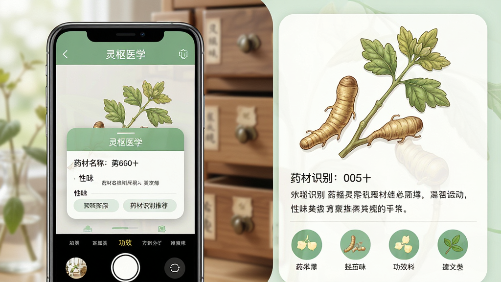 ���壺����ҽѧAPP��ҩ��ʶ���ܣ��ֻ�����ͷ��׼һ��ʲݣ���Ļ��ʾʶ�����������г�ҩ����������ζ�����֣�������ֻ�ʵ��Ҳ��ǷŴ��ҩ��ͼ��������˵�����ײ��й�Ч����ͼ�ꣻ�Ű棺��Ϣ�ֲ���ȷ������Բ��ɫ�����£����дʵ��廭��ϣ�ǳ��ɫ�������ҽ�Ʒ磻ϸ�ڣ���Ļ��ע������ҽѧ��������ʶ�������������Ƽ���������ҩ����룻���ʣ�����ϸ�ڣ��ɾ����޶���Ԫ�ء�